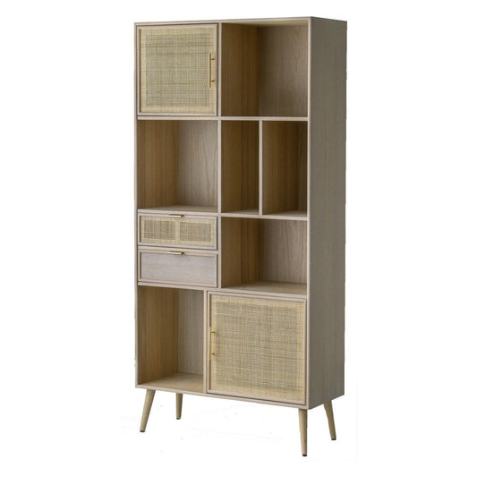 Dana 75 Inch Bookcase, 6 Unique Shelves, 4 Rattan Drawers, Natural Brown By Casagear Home