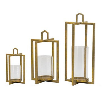 19, 15, 11 Inch Lanterns, Set of 3, Tea Light Glass Holders, Modern, Gold By Casagear Home