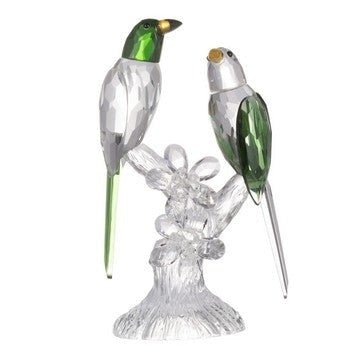 9 Inch 2 Parrots Sculpture Figurine Accent, Clear and Green Faceted Glass By Casagear Home