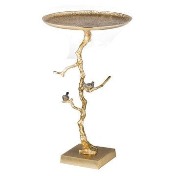 28 Inch Accent Table, Artful Branchlike Frame, Silver Bird Accents, Gold By Casagear Home