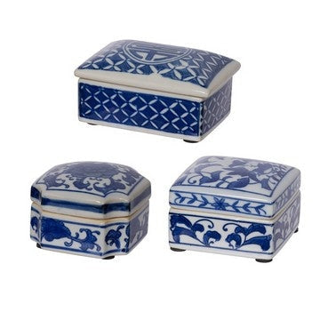 Set of 3 Decorative Boxes, White and Blue Porcelain Pottery, Floral Designs By Casagear Home