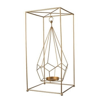 22 Inch Iron Candle Holder, Modern Geometric Accent Hanging Design, Gold By Casagear Home