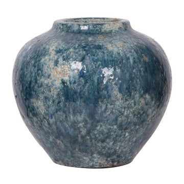 10 Inch Small Round Terracotta Vase, Subtly Curved, Textured Blue Finish By Casagear Home