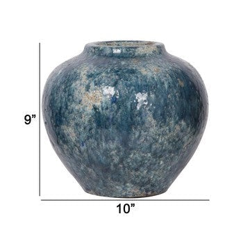 10 Inch Small Round Terracotta Vase Subtly Curved Textured Blue Finish By Casagear Home BM285357