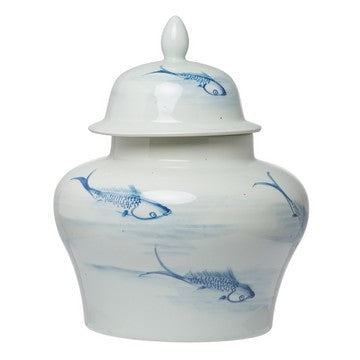 18 Inch Porcelain Ginger Jar, Artful Wispy Fish, Classic White and Blue By Casagear Home
