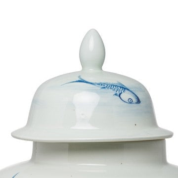 18 Inch Porcelain Ginger Jar Artful Wispy Fish Classic White and Blue By Casagear Home BM285358