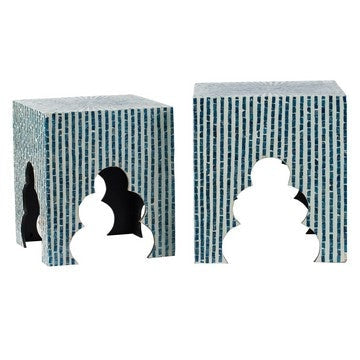 Lez 18, 20 Inch Capiz Accent Table Stool, Set of 2, Blue, White Mosaic Look By Casagear Home