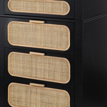 Dana 46 Inch Tall Dresser Chest Pine Wood Woven Rattan 5 Drawers Black By Casagear Home BM285390