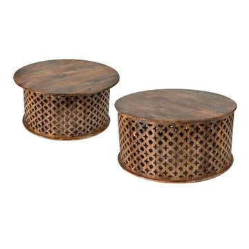 35, 34 Inch Coffee Table Set of 2, Mango Wood Lattice Design, Brown By Casagear Home