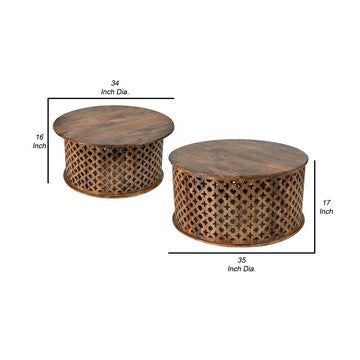 35 34 Inch Coffee Table Set of 2 Mango Wood Lattice Design Brown By Casagear Home BM285392