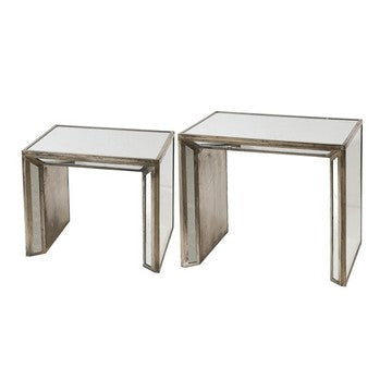 27, 21 Inch Nesting Side Table Set of 2, Mirrored Wood Frame, Silver By Casagear Home