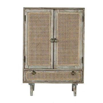 38 Inch 2 Door Cabinet, 1 Drawer, Acacia Wood, Cane Front, Weathered White By Casagear Home