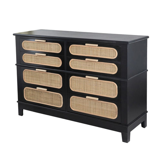 Dana 52 Inch Chest Cabinet, Pine Wood and Woven Rattan, 8 Drawers, Black By Casagear Home