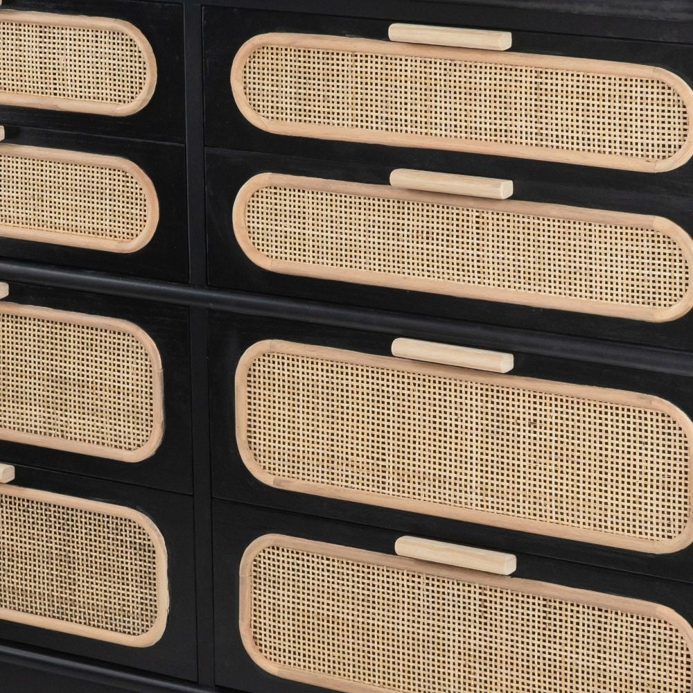 Dana 52 Inch Chest Cabinet Pine Wood and Woven Rattan 8 Drawers Black By Casagear Home BM285425