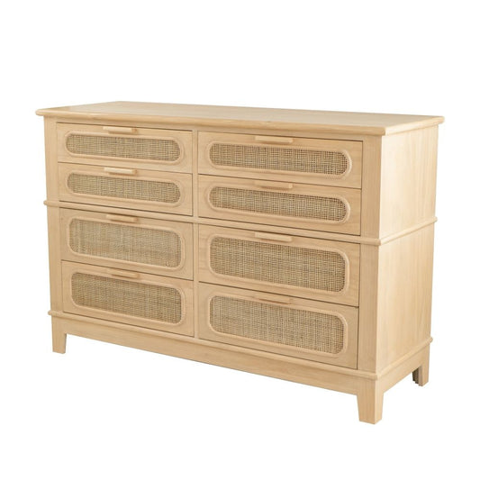 Dana 52 Inch Chest Cabinet, Pine Wood and Woven Rattan, 8 Drawers, Natural By Casagear Home