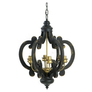 Aki 21 Inch Carved Wood Chandelier, 6 Lights, Vintage Classic, Black, Gold By Casagear Home