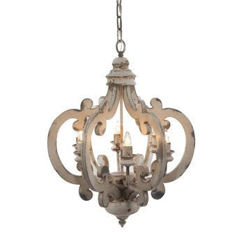 Aki Chandelier | 21" | 6 Light | Carved Wood | Vintage White