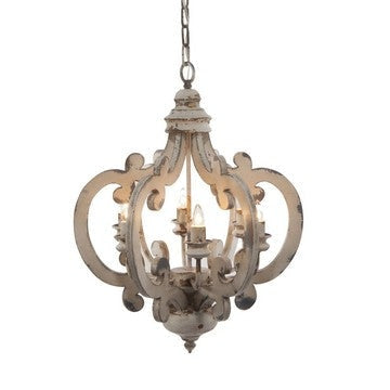 Aki 21 Inch 6 Light Chandelier, Carved Wood Frame, Classic, Vintage, White By Casagear Home