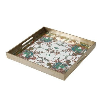 Miki Tray | 20" | Square | Mirrored Damask Pattern | Gold