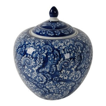10 Inch Lidded Jar, Curved Round Persian Floral Print, Blue Porcelain By Casagear Home