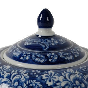 10 Inch Lidded Jar Curved Round Persian Floral Print Blue Porcelain By Casagear Home BM285519