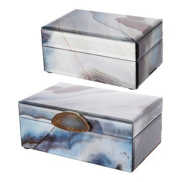 8, 6 Inch Modern Jewelry Box, Blue Silver Marble Effect, Glass and Stone By Casagear Home