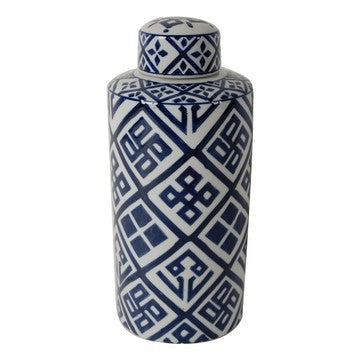 14 Inch Lidded Jar, Geometric Pattern, Cylindrical Blue and White Porcelain By Casagear Home