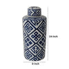 14 Inch Lidded Jar Geometric Pattern Cylindrical Blue and White Porcelain By Casagear Home BM285526