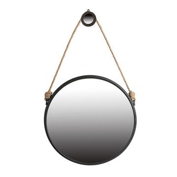 30 Inch Accent Wall Mirror with Rope Hanger and Round Black Metal Frame By Casagear Home