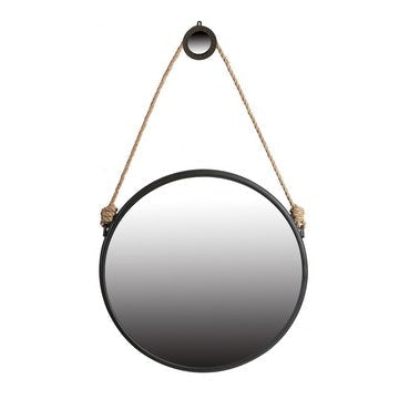 Wall Mirror | 30" | Round Metal Frame | Rope Hanger | Black