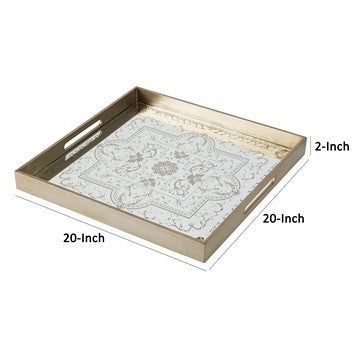 Miki 20 Inch Square Decorative Tray Artisan Mirrored Floral Pattern Gold By Casagear Home BM285536