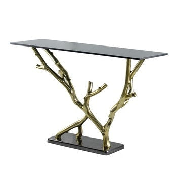 47 Inch Console Table, Artistic Branch Metal Frame, Black Glass Top, Gold By Casagear Home