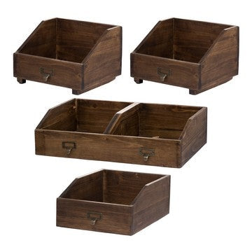 19, 13, 10 Inch Fir Wood Box, Set of 4 with Metal Handles, Antique Brown By Casagear Home