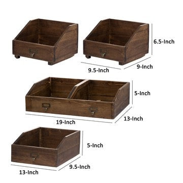 19 13 10 Inch Fir Wood Box Set of 4 with Metal Handles Antique Brown By Casagear Home BM285546