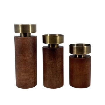 12, 10, 8 Inch Mango Wood Candle Holders with Round Column Pedestals, Brown By Casagear Home