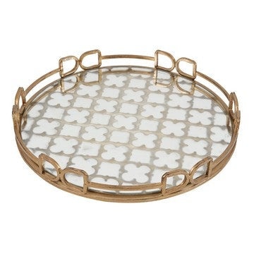 Sui 16 Inch Round Serving Tray, Glass Bottom and Gold Geometric Frame By Casagear Home