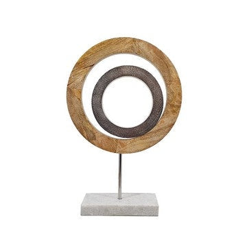 18 Inch Accent Decor, Concentric Rings, Brown Mango Wood on a Marble Base By Casagear Home
