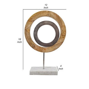 18 Inch Accent Decor Concentric Rings Brown Mango Wood on a Marble Base By Casagear Home BM285571