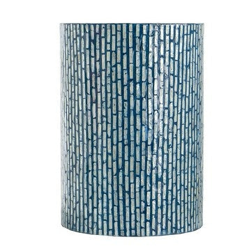 20 Inch Capiz Accent Stool Table Cylindrical Linear Pattern Blue Black By Casagear Home BM285576