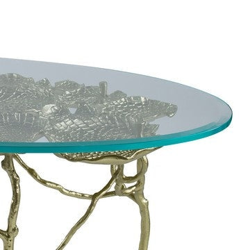 47 Inch Artisanal Coffee Table with Metal Frame Oval Clear Glass Top Gold By Casagear Home BM285578