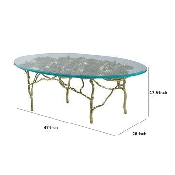 47 Inch Artisanal Coffee Table with Metal Frame Oval Clear Glass Top Gold By Casagear Home BM285578