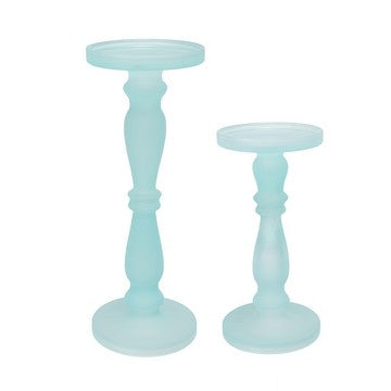Qui 14, 11 Inch Candle Holders, Turned Pedestal, Blue Glass, Set of 2 By Casagear Home