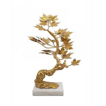 17 Inch Maple Tree Accent Decor with Leaves, Metal on a Marble Base, Gold By Casagear Home