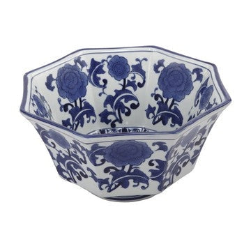 11 Inch Decorative Bowl with Floral Pattern on Blue and White Porcelain By Casagear Home