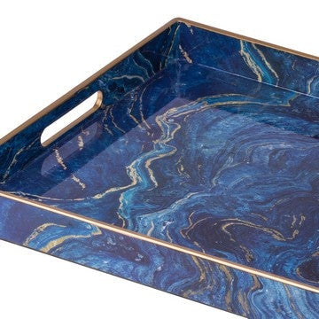 19 18 Inch Set of 2 Modern Decorative Trays Blue Pattern with Gold Rim By Casagear Home BM285588