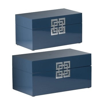 Neo 14, 11 Inch Set of 2 Decorative Boxes, Geometric Metal Accents, Blue By Casagear Home