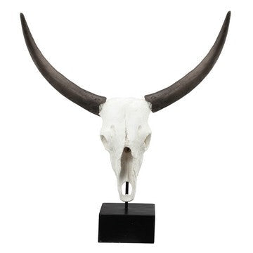 26 Inch Resin Cow Skull Accent Table Decoration, Metal Block Base, White By Casagear Home