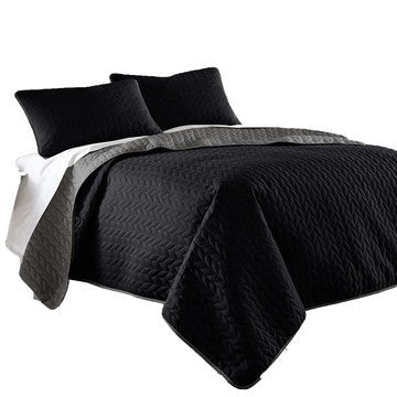 Eva 3 Piece Queen Microfiber Reversible Coverlet Set, Quilted, Gray, Black By Casagear Home