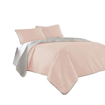 Eva 3 Piece King Microfiber Reversible Coverlet Set, Quilted, Gray, Pink By Casagear Home