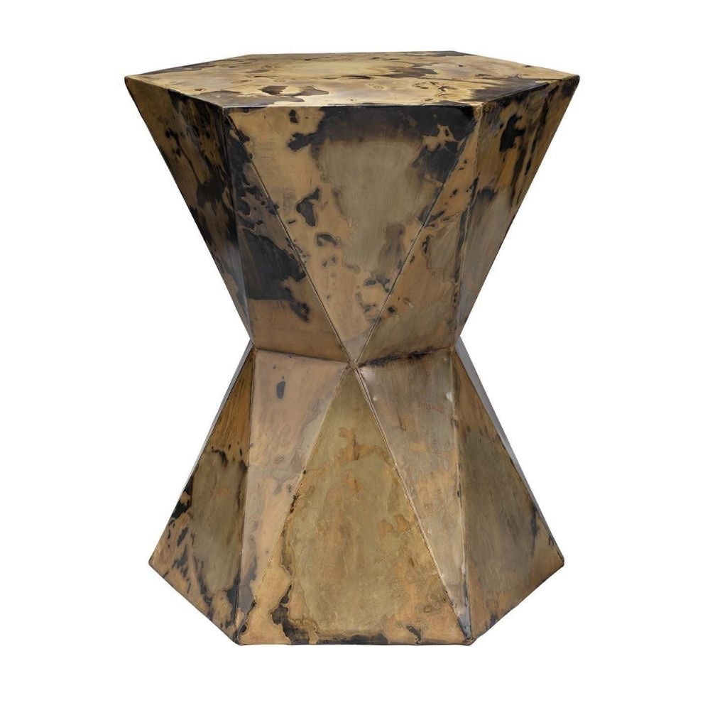 19 Inch Modern Side End Table, Hourglass Shape, Iron Patina Finish, Gold By Casagear Home